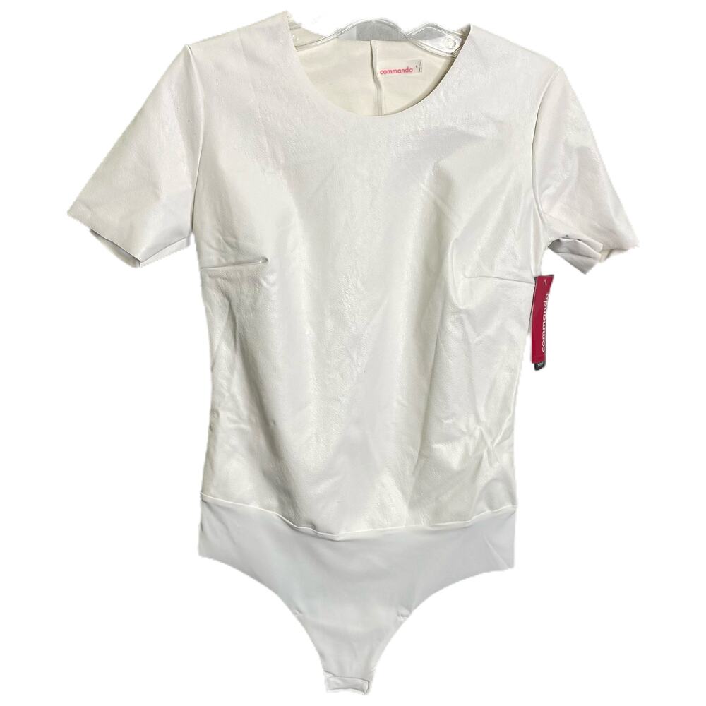 Commando Bodysuit Women M White Faux Leather‎ Short Sleeve Crew Neck Thong BDS01